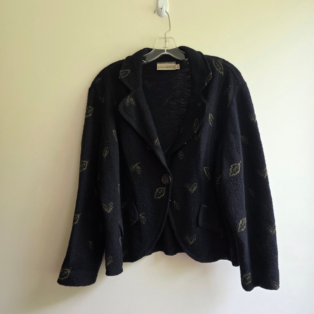 Vintage Black Boiled Wool Jacket Made in USA‎ Womens Medium Capsule Grandma Leaf